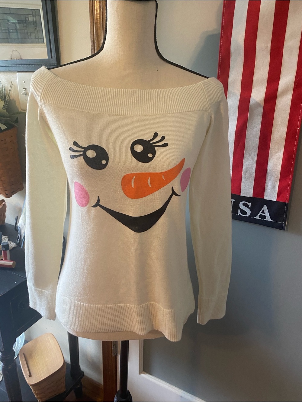 Cream Off-Shoulder Snowman Face Sweater